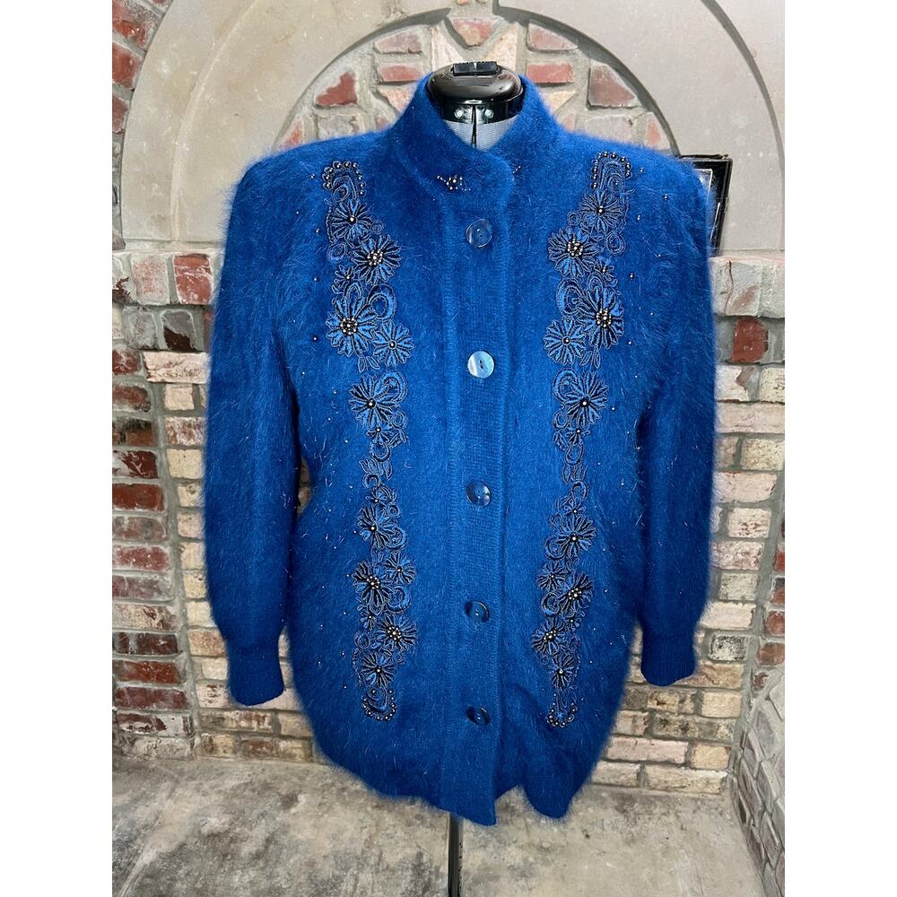 sweater coat fuzzy beaded sequin flower angora blue